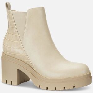 Sun + Stone Cream Croc-Accent Platform Chelsea Bootie